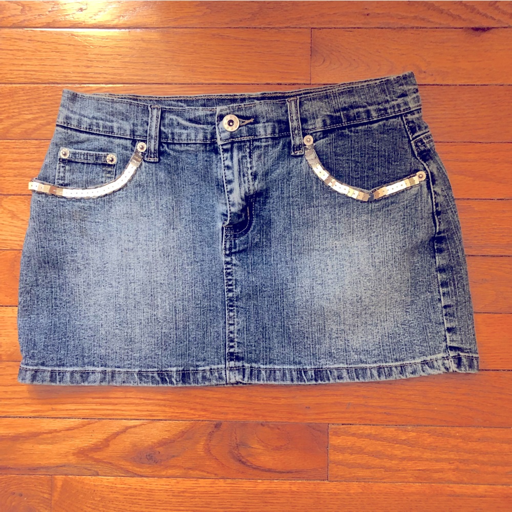Blue Pointe Denim Jean Mini Skirt Size 5 Silver Metallic Accents,Cotton/Spandex